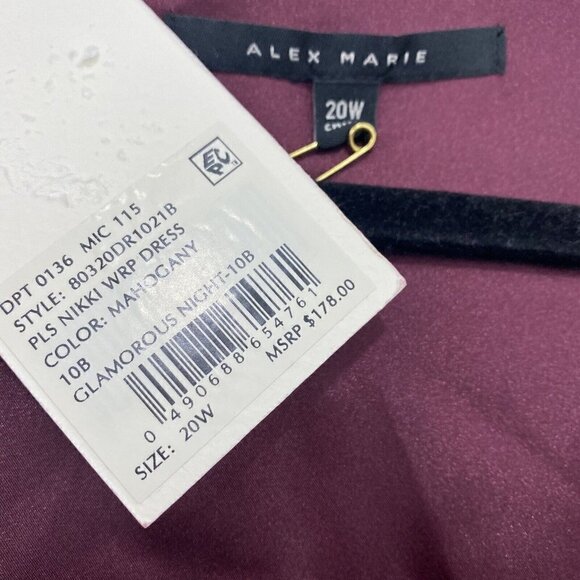 Alex Marie Plus Long Sleeve Mahogany Red Velvet Ruched Faux Wrap Dress Formal - Picture 11 of 11